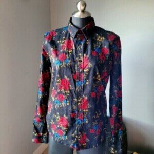 Cotton Rose floral print Black Shirt Women’s Sz Small